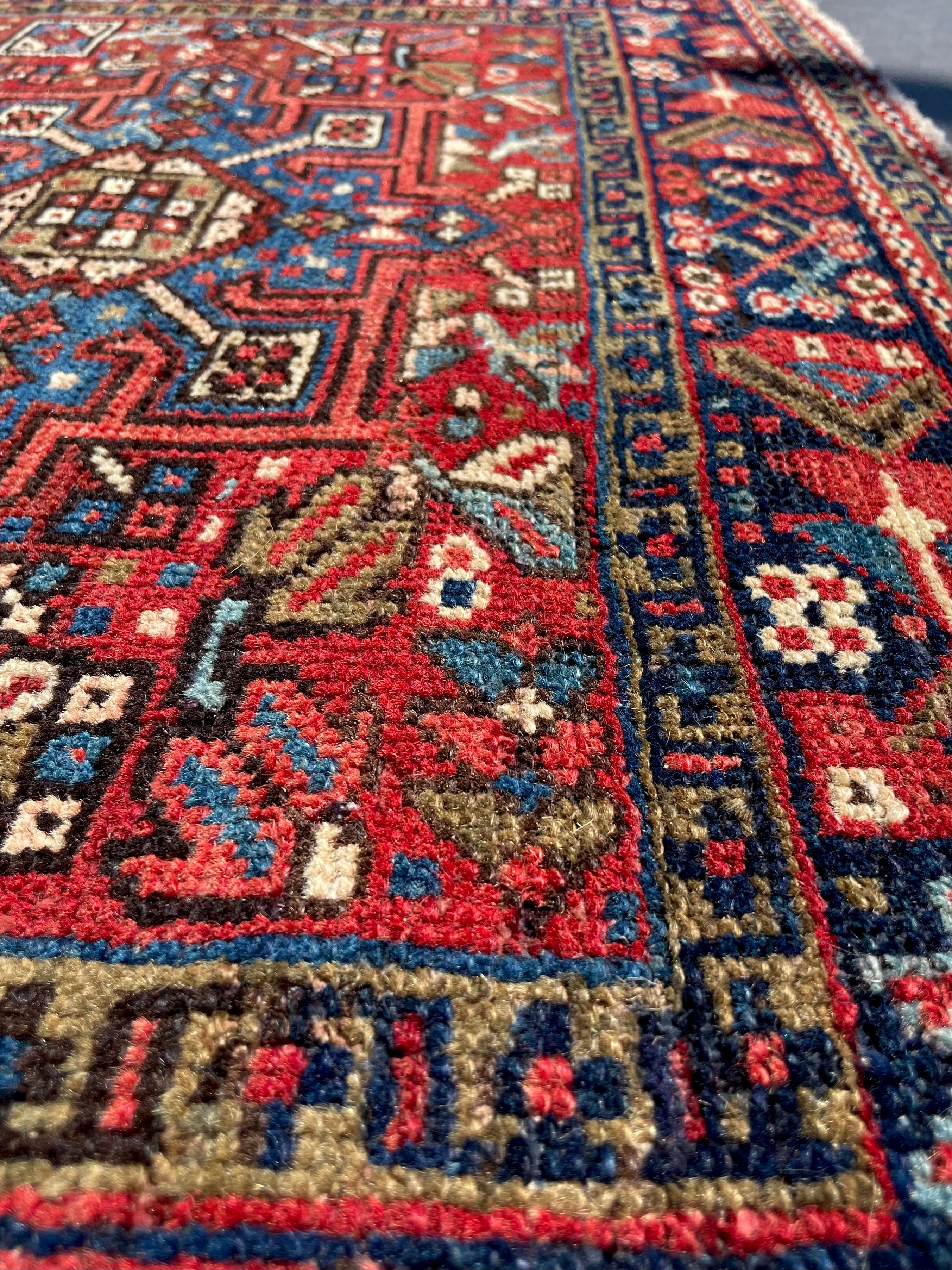 Vintage Turkish Heriz Rug 3.5x4.4 Handwoven Wool Low Pile Rustic Tribal Oriental Carpet Home Decor