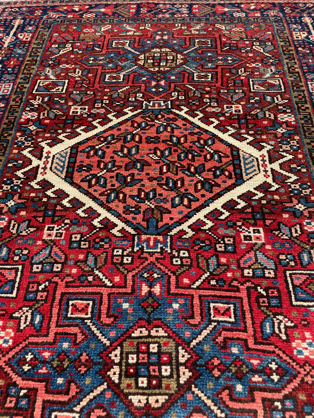 Vintage Turkish Heriz Rug 3.5x4.4 Handwoven Wool Low Pile Rustic Tribal Oriental Carpet Home Decor