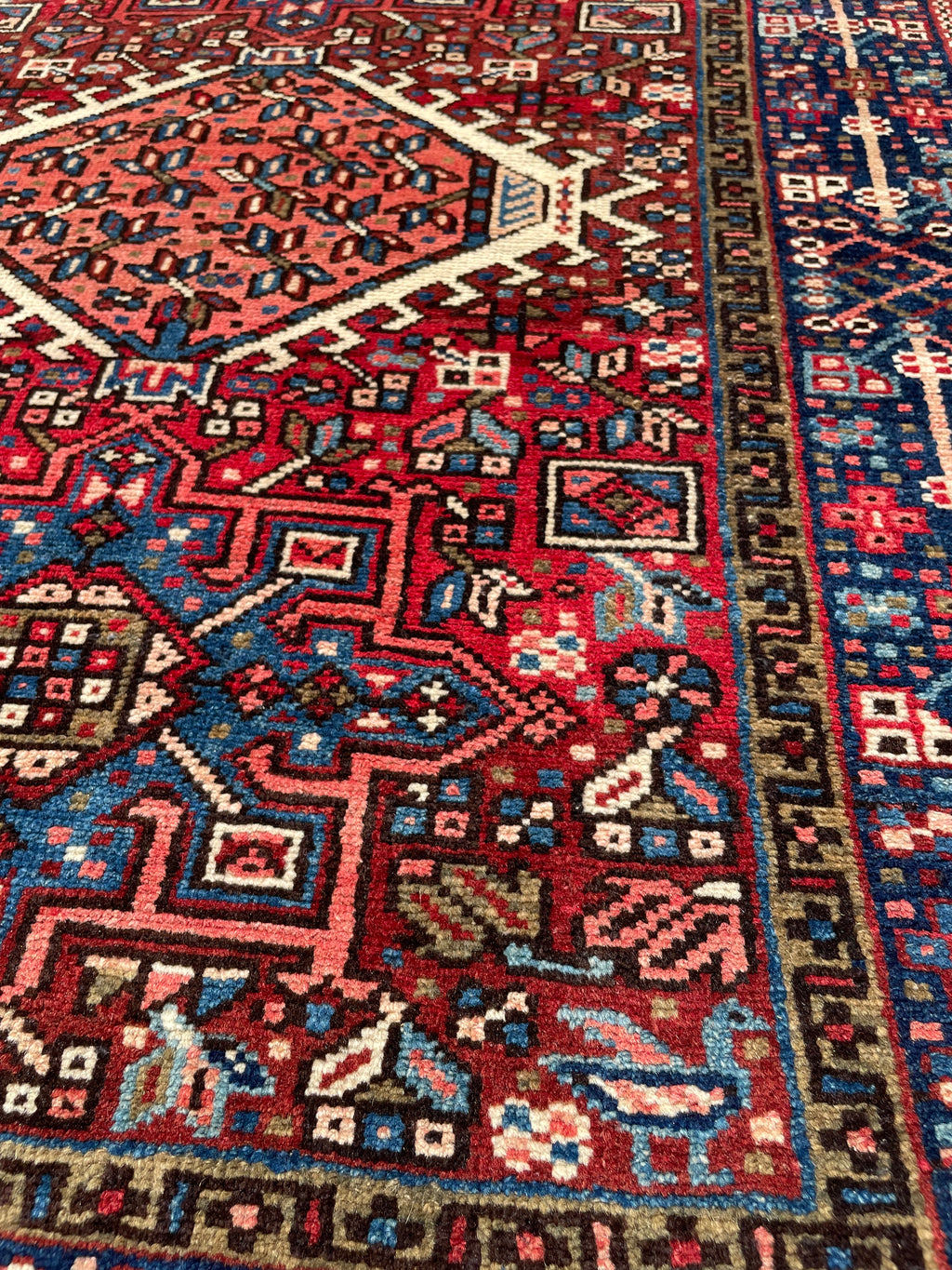 Vintage Turkish Heriz Rug 3.5x4.4 Handwoven Wool Low Pile Rustic Tribal Oriental Carpet Home Decor