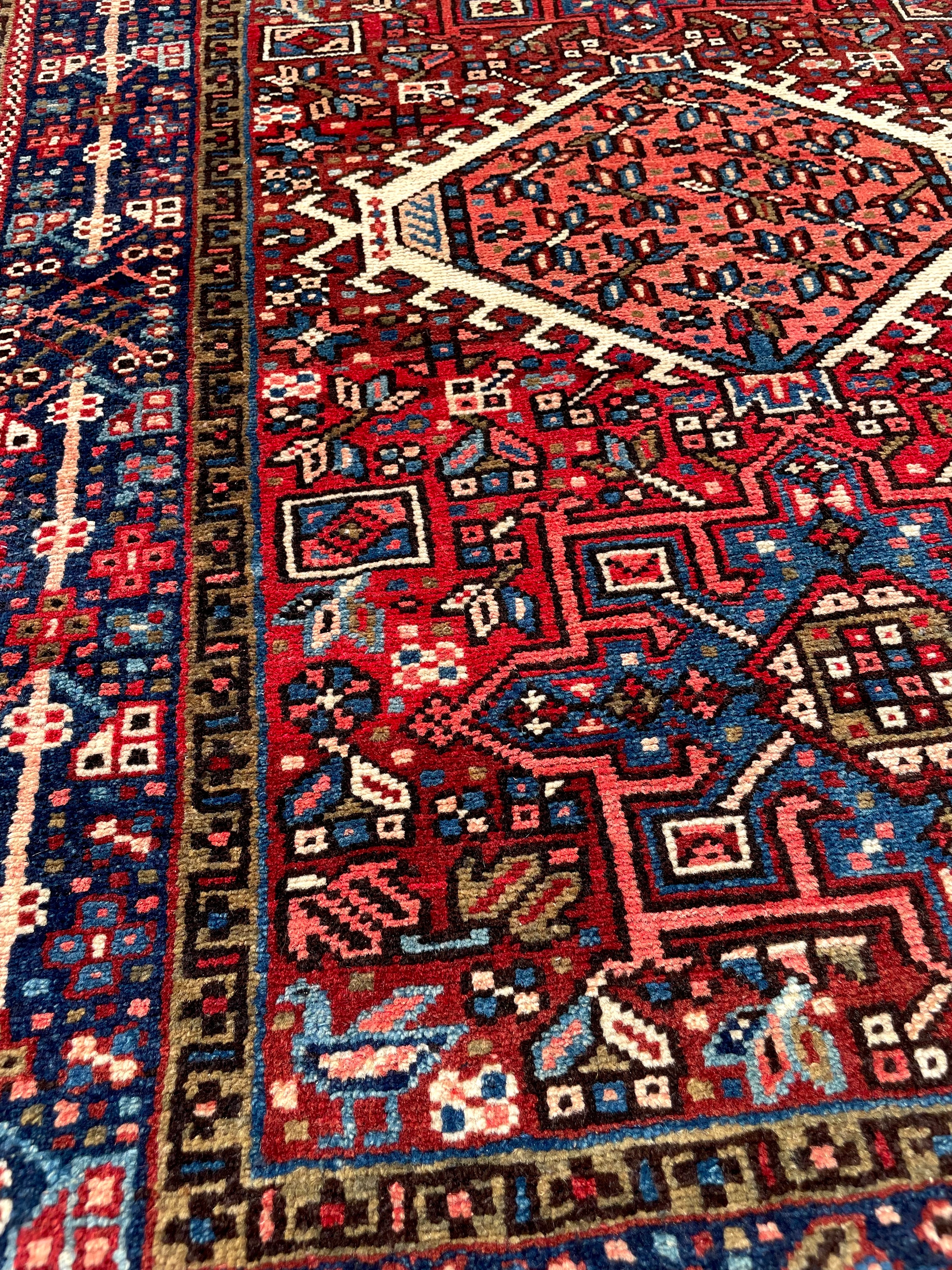 Vintage Turkish Heriz Rug 3.5x4.4 Handwoven Wool Low Pile Rustic Tribal Oriental Carpet Home Decor