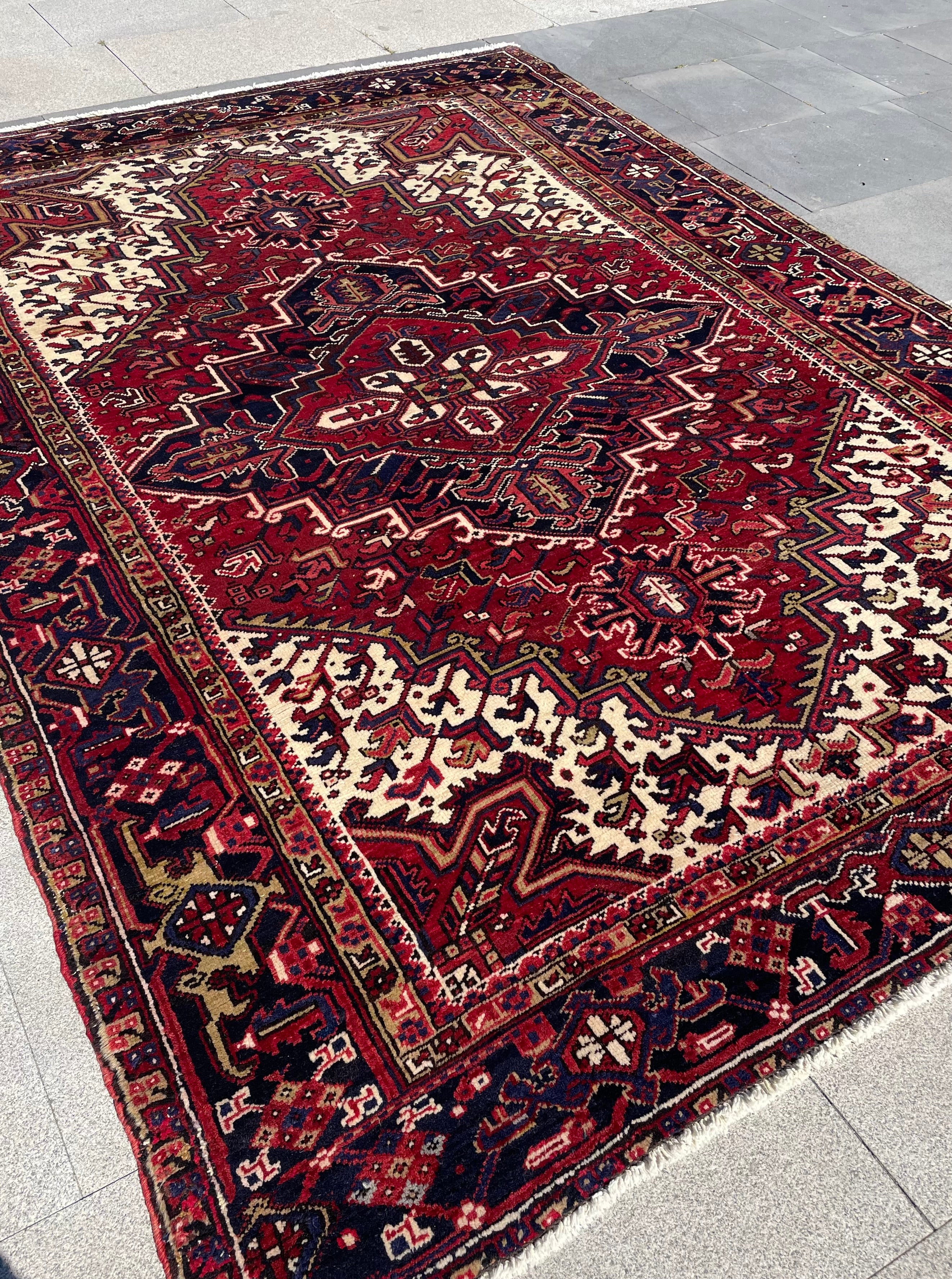 Vintage Turkish Heriz Rug 7.6x10.4 Handwoven Wool Low Pile Geometric Tribal Oriental Carpet Home Decor