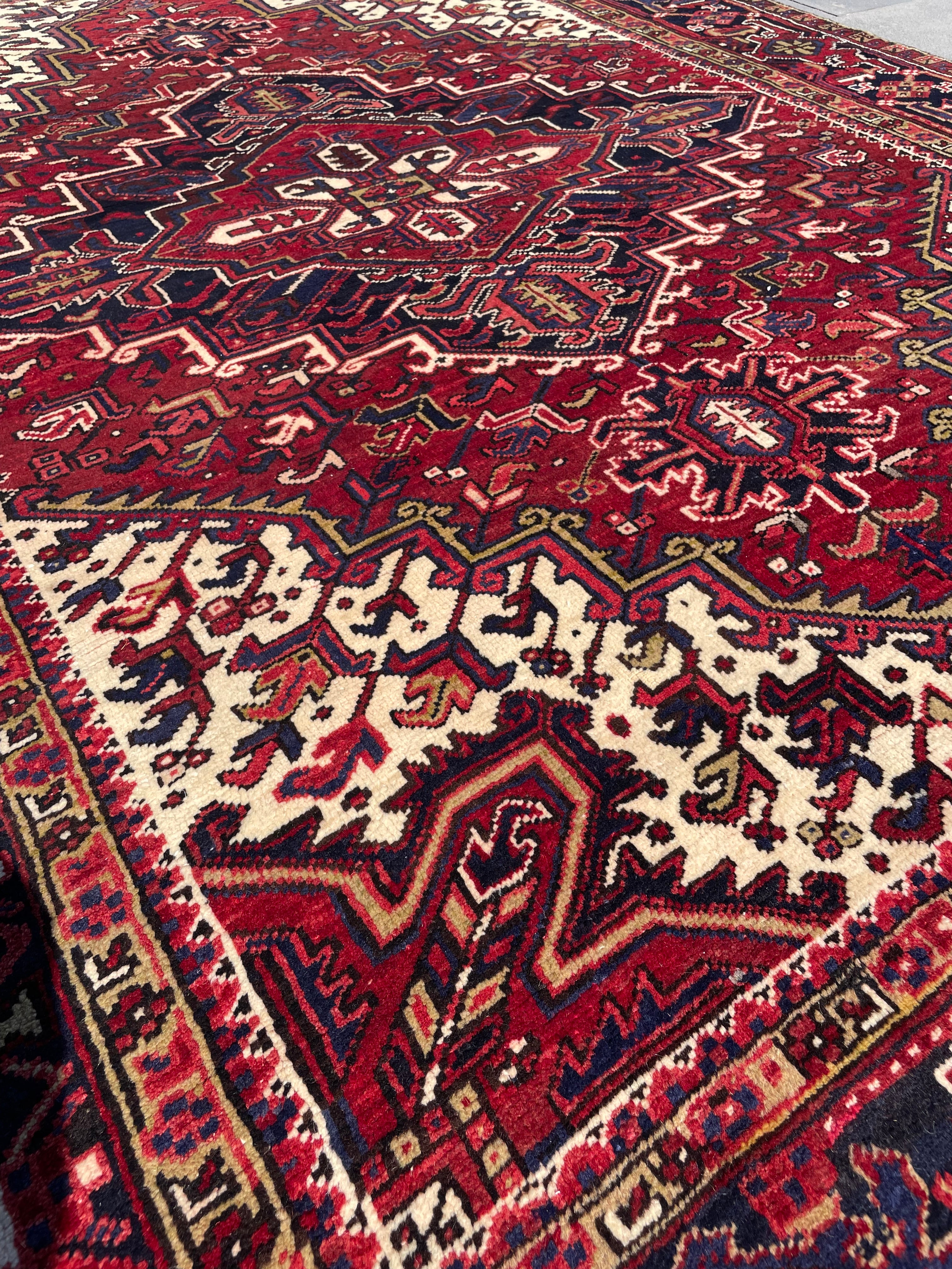 Vintage Turkish Heriz Rug 7.6x10.4 Handwoven Wool Low Pile Geometric Tribal Oriental Carpet Home Decor