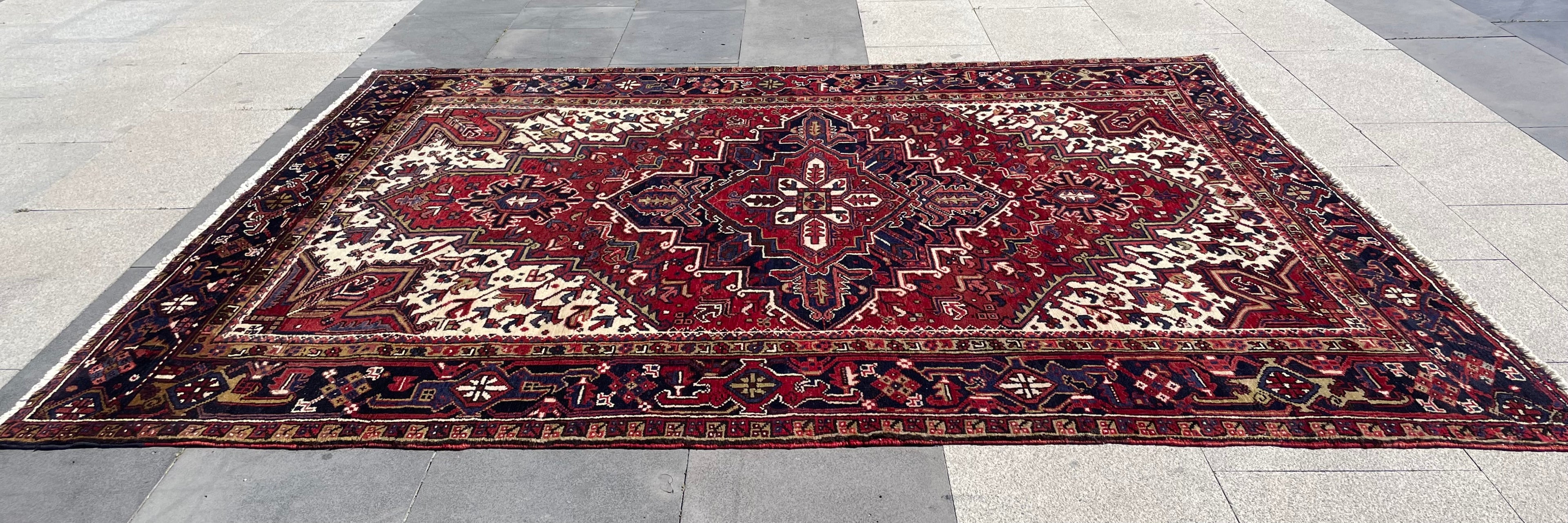 Vintage Turkish Heriz Rug 7.6x10.4 Handwoven Wool Low Pile Geometric Tribal Oriental Carpet Home Decor