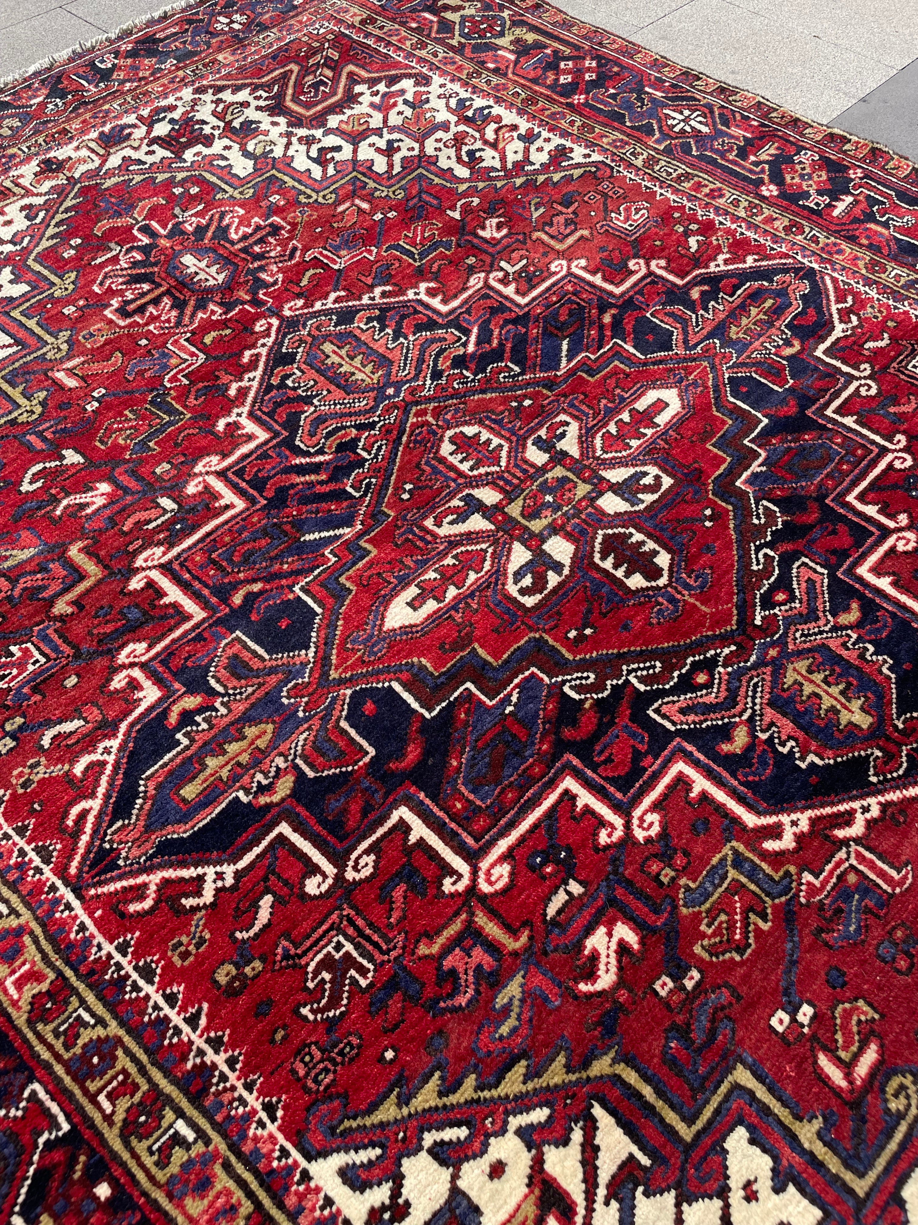 Vintage Turkish Heriz Rug 7.6x10.4 Handwoven Wool Low Pile Geometric Tribal Oriental Carpet Home Decor